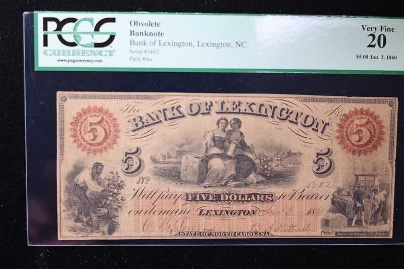 1860 $5, Lexington, N.C., Obsolete Currency, Affordable Collectible Currency, Sale