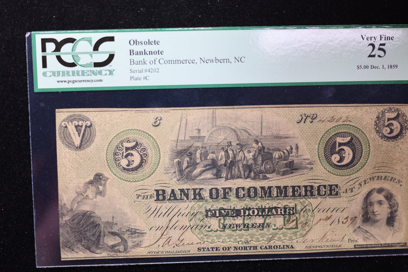 1859 $5, New Bern, N.C., Obsolete Currency, Affordable Collectible Currency, Sale