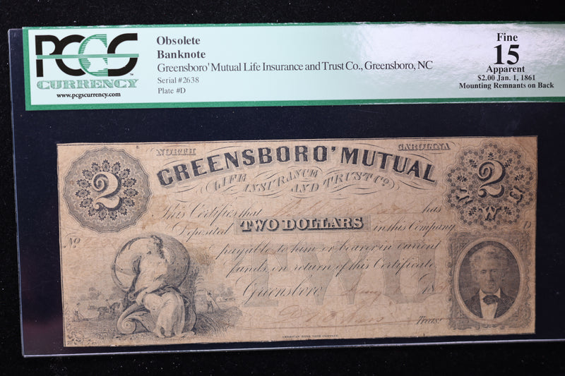 1861 $2, Greensboro Mutual, N.C., Obsolete Currency, Affordable Collectible Currency, Sale