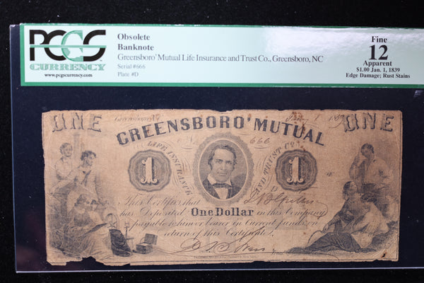 1839 $1, Greensboro Mutual, N.C., Obsolete Currency, Affordable Collectible Currency, Sale #353523