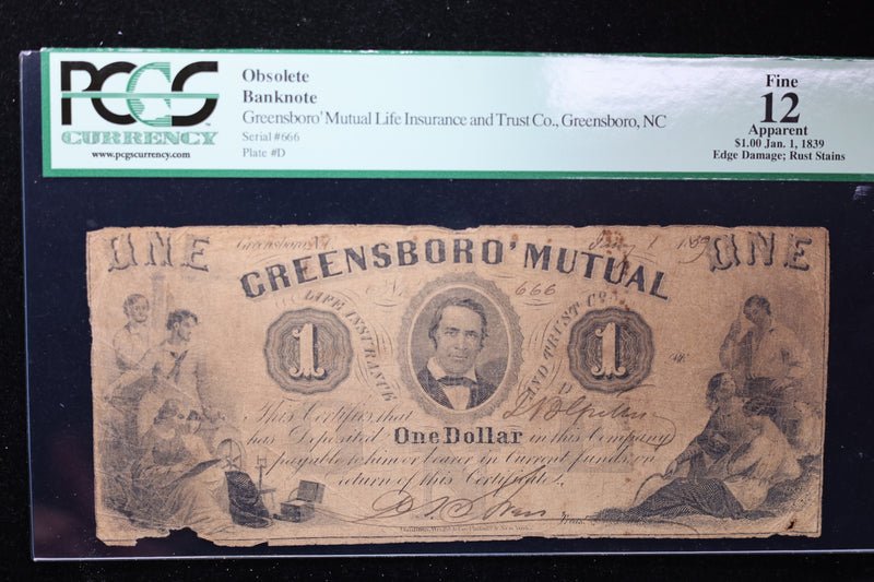 1839 $1, Greensboro Mutual, N.C., Obsolete Currency, Affordable Collectible Currency, Sale