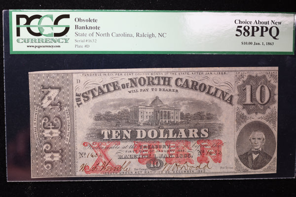 1863 $10, Raleigh, N.C., Obsolete Currency, Affordable Collectible Currency, Sale #353526