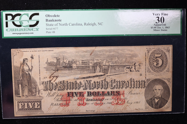 1863 $5, Raleigh, N.C., Obsolete Currency, Affordable Collectible Currency, Sale #353527