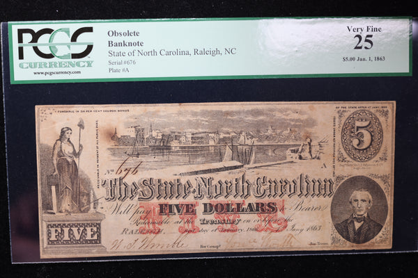 1863 $5., State of North Carolina., Raleigh., PCGS VF-25., Store #GNC019