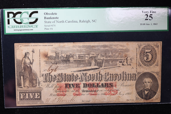 1863 $5, Raleigh, N.C., Obsolete Currency, Affordable Collectible Currency, Sale #353528