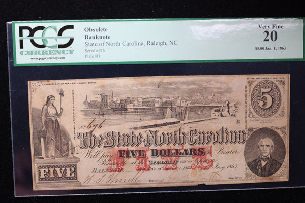 1863 $5., State of North Carolina., Raleigh., PCGS VF-20., Store #GNC020