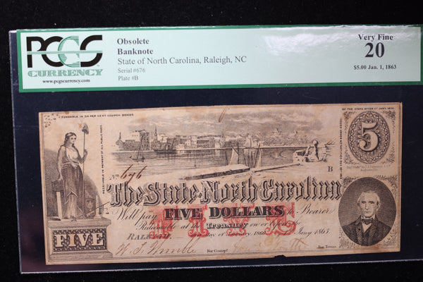 1863 $5, Raleigh, N.C., Obsolete Currency, Affordable Collectible Currency, Sale #353529