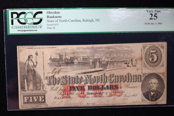 1863 $5, Raleigh, N.C., Obsolete Currency, Affordable Collectible Currency, Sale #3535230