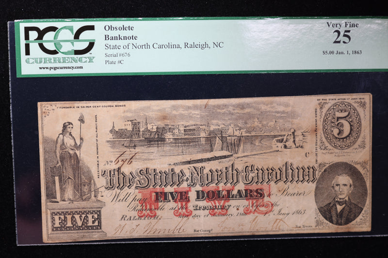 1863 $5, Raleigh, N.C., Obsolete Currency, Affordable Collectible Currency, Sale