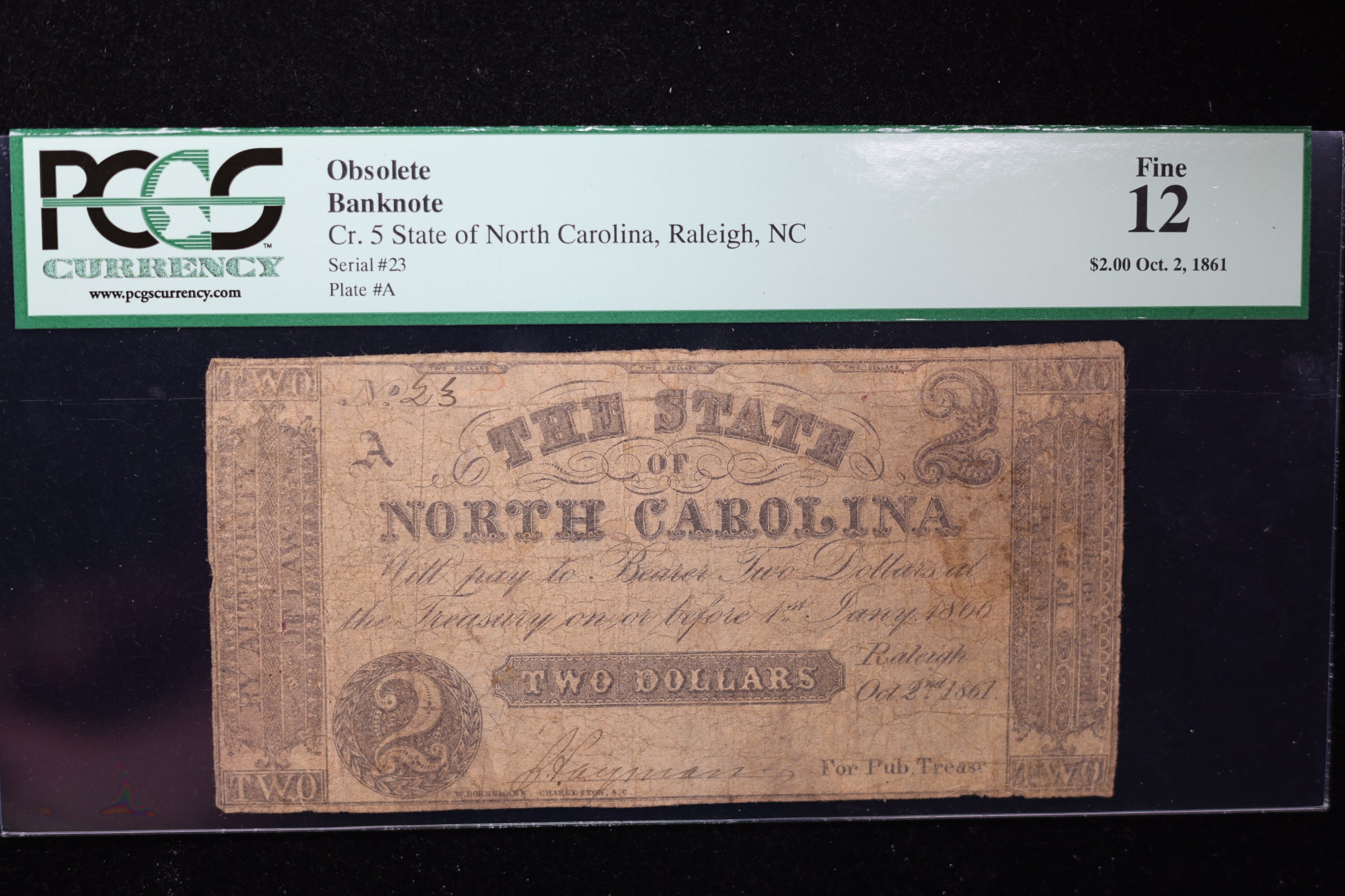 1861 $2., State of North Carolina., Raleigh., PCGS F-12., Store #GNC022