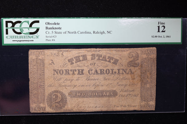 1861 $2, Raleigh, N.C., Obsolete Currency, Affordable Collectible Currency, Sale #353531
