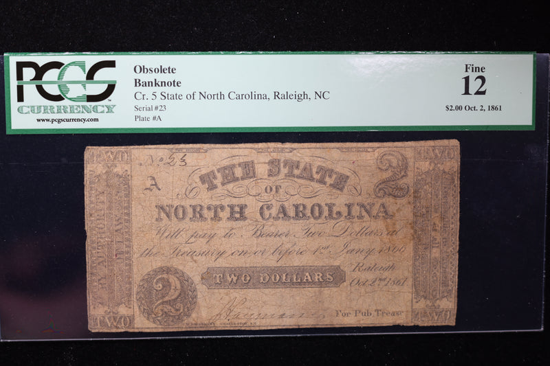 1861 $2, Raleigh, N.C., Obsolete Currency, Affordable Collectible Currency, Sale