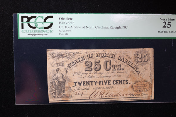 1863 25 Cent, Raleigh, N.C., Obsolete Currency, Affordable Collectible Currency, Sale #353534