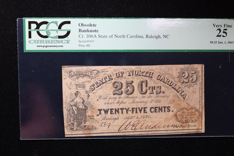 1863 25 Cent, Raleigh, N.C., Obsolete Currency, Affordable Collectible Currency, Sale