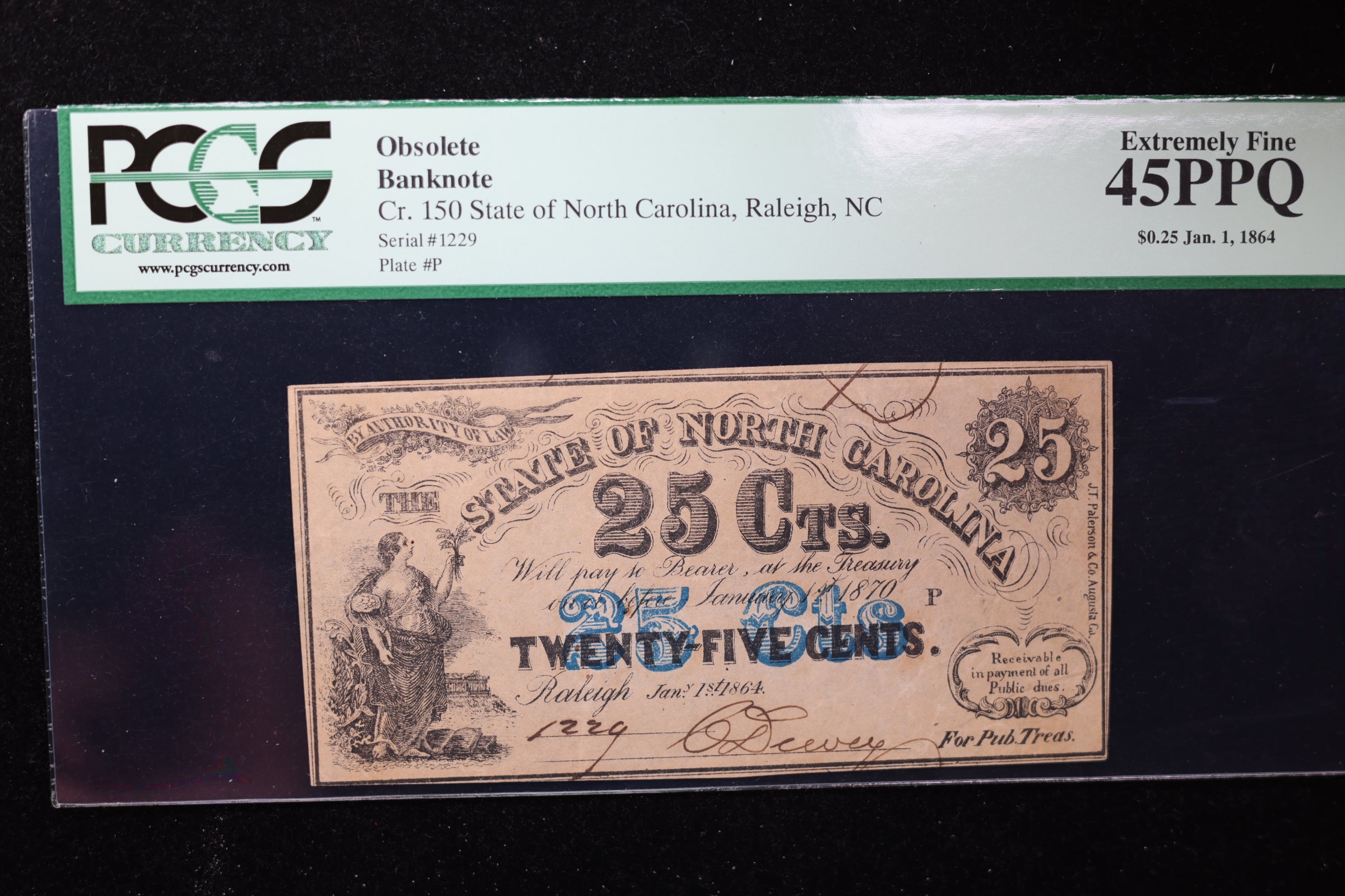 1864 25 Cent., State of North Carolina., Raleigh., PCGS EF-45 PPQ., Store #GNC026