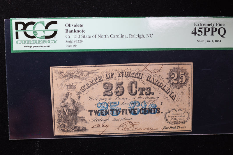 1864 25 Cent, Raleigh, N.C., Obsolete Currency, Affordable Collectible Currency, Sale