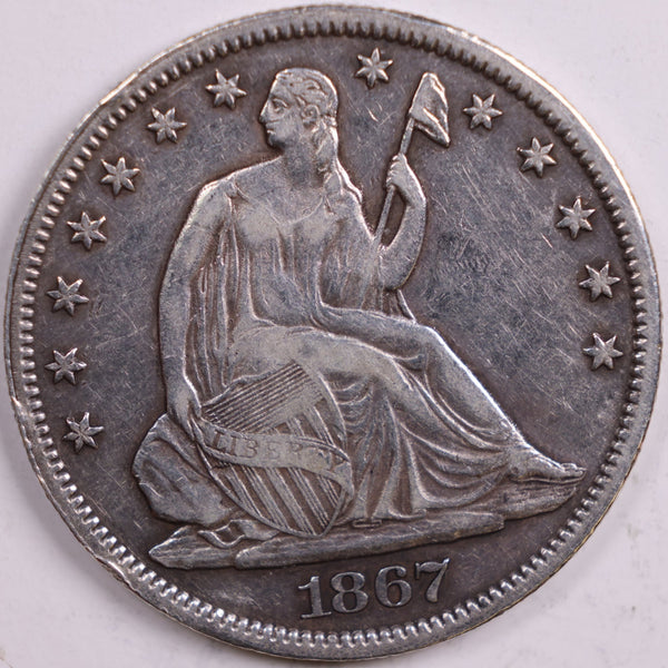 1867 Liberty Seated Half Dollar, Very Fine+ Circulated Coin, Store #HR0511