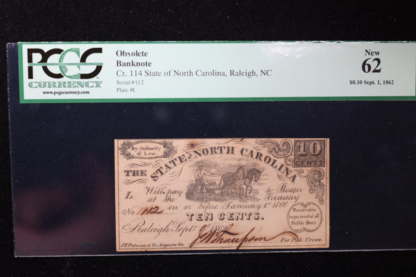 1862 10 Cent, Raleigh, N.C., Obsolete Currency, Affordable Collectible Currency, Sale #353537