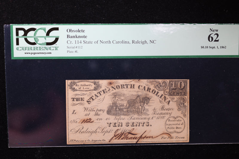 1862 10 Cent, Raleigh, N.C., Obsolete Currency, Affordable Collectible Currency, Sale