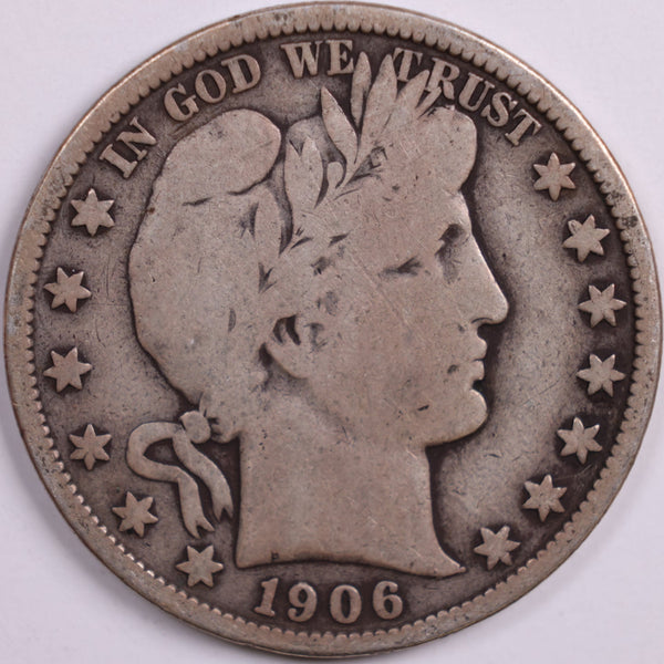 1906-S Barber Half Dollar, Very Good Circulated Coin, Store #HR0533