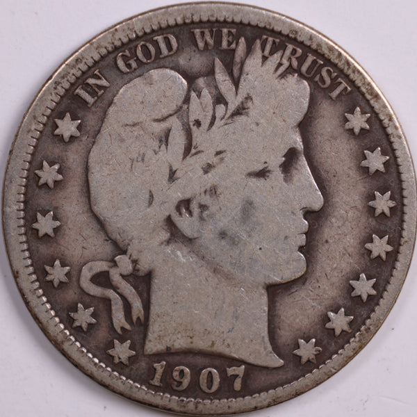 1907 Barber Half Dollar, Very Good Circulated Coin, Store #HR0534