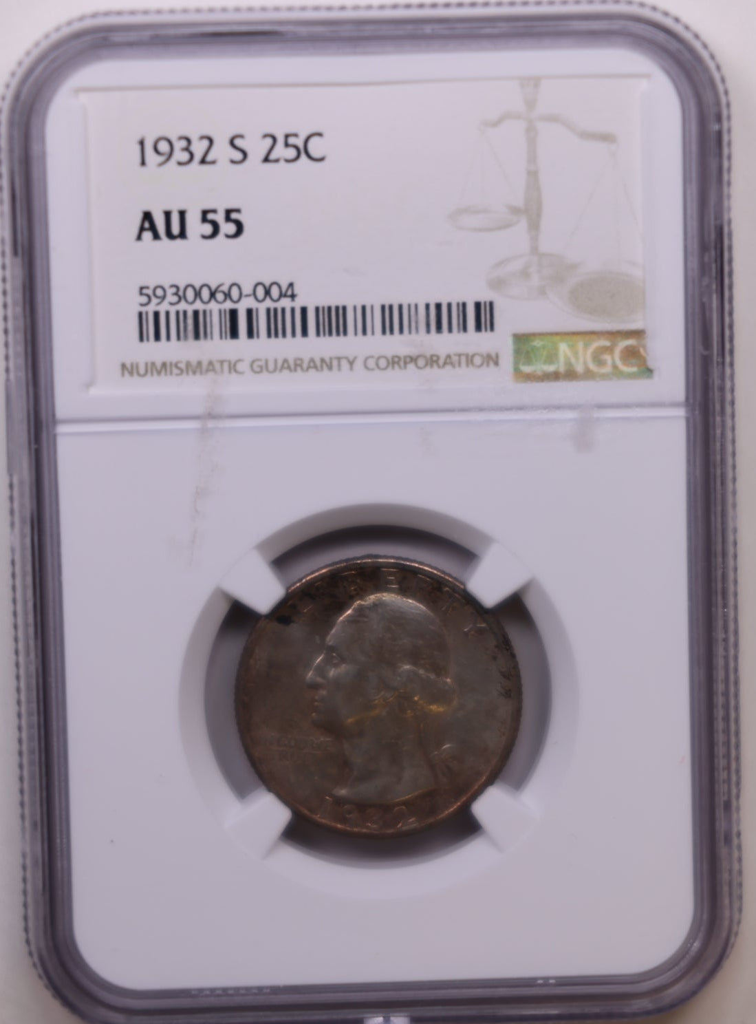 1932-S Washington Silver Quarter, NGC AU-55, Nice Key Date, Store #QR1156