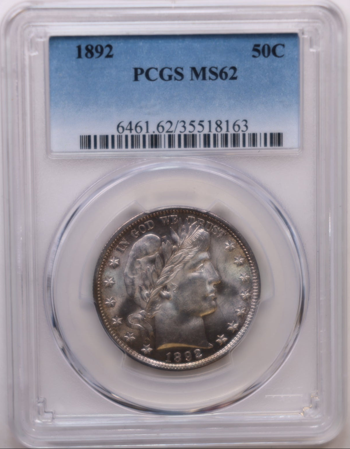 1892 Barber Silver Half Dollar, Nice Eye Appeal, PCGS Graded MS-62, Store #HR469