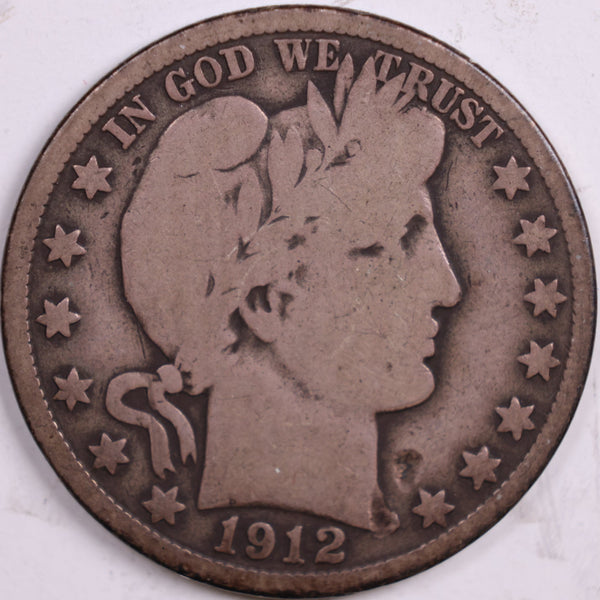 1912-S Barber Half Dollar, Very Good Circulated Coin, Store #HR0541