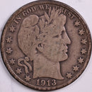 1913-D Barber Half Dollar, Fine Circulated Coin, Store