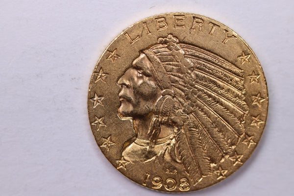 1908 $5 Gold Half Eagle, Pre-1933 Gold Indian, Affordable Collectible Coins. Store #18189