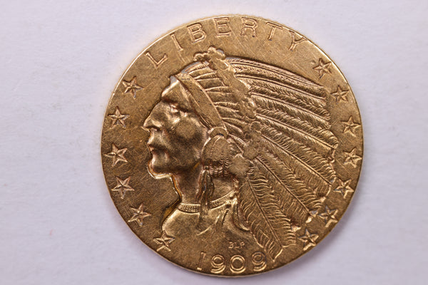 1909-D $5 Gold Half Eagle, Pre-1933 Gold Indian, Affordable Collectible Coins. Store #18191