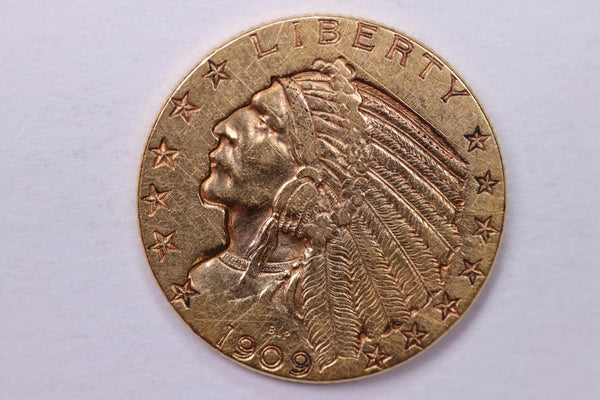 1909 $5 Gold Half Eagle, Pre-1933 Gold Indian, Affordable Collectible Coins. Store #18193