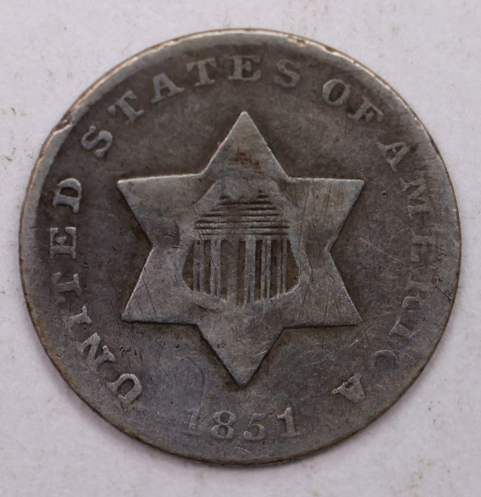 1851 Three Cent Silver, 'Tryme', Fine Circulated Coin, Store SALE #3CR003.