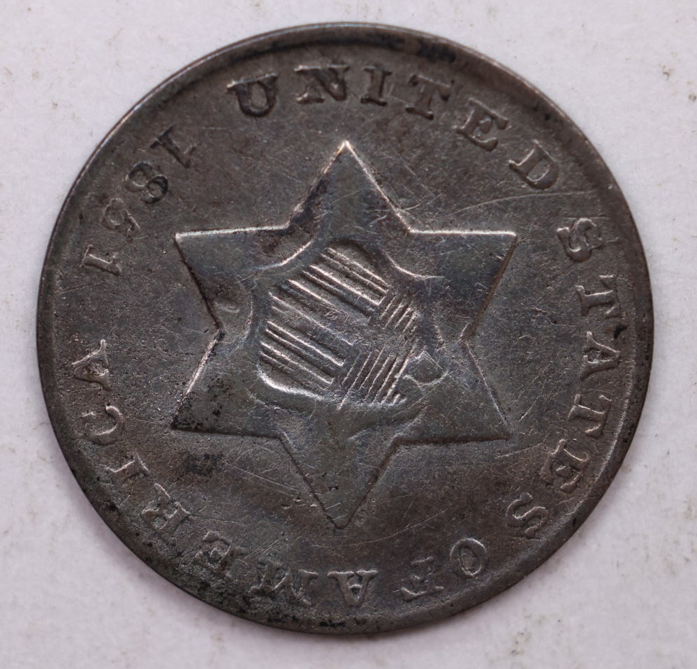 1851 Three Cent Silver, 'Tryme', Very Fine Circulated Coin, Store SALE #3CR004.