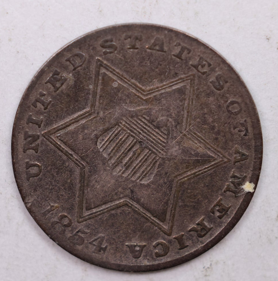 1854 Three Cent Silver, 'Tryme', Very Fine Circulated Coin, Store SALE #3CR007.