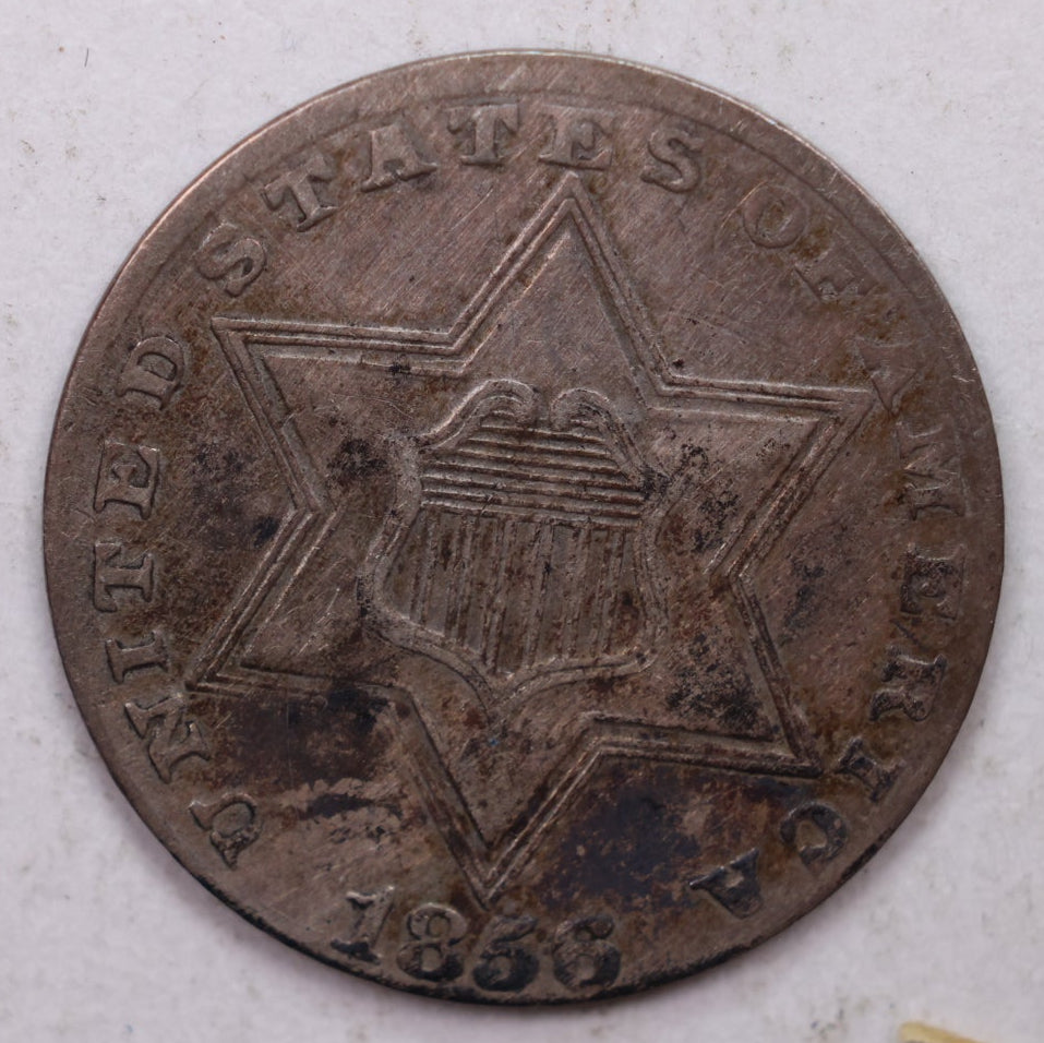 1856 Three Cent Silver, 'Tryme', About Uncirculated Coin, Store SALE #3CR008.