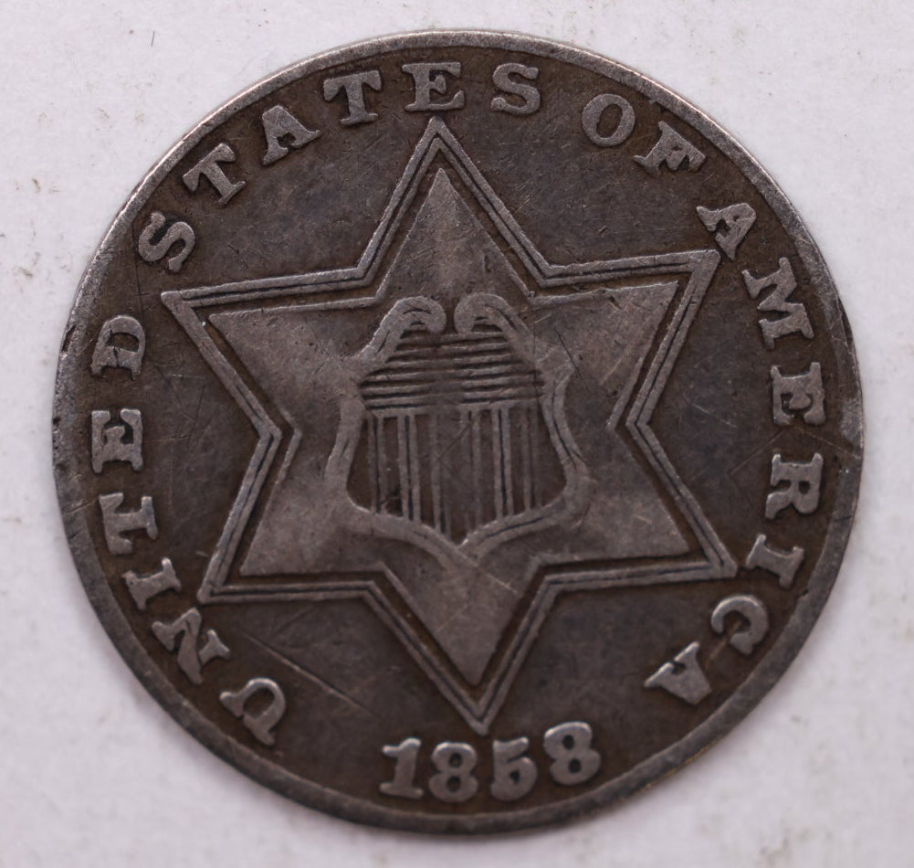 1858 Three Cent Silver, 'Tryme', Very Fine Plus, Circulated Coin, Store SALE #3CR010.
