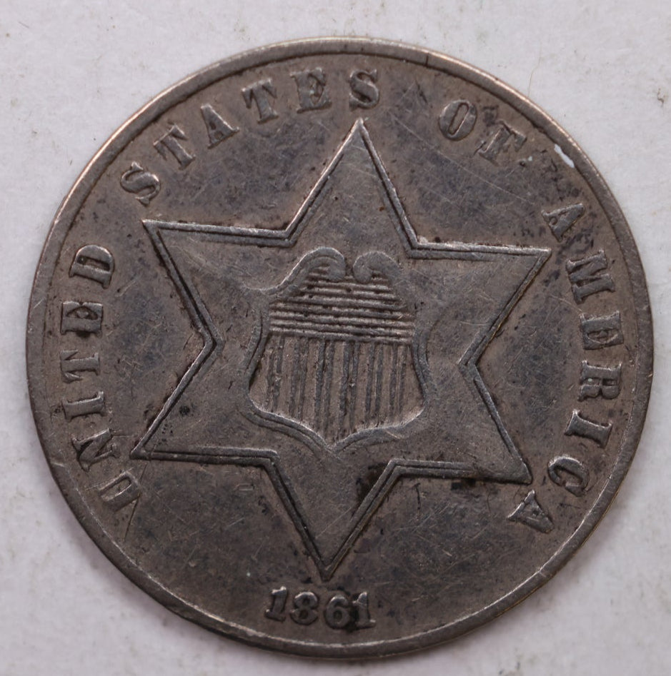 1861 Three Cent Silver, 'Tryme', Fine Plus, Circulated Coin, Store SALE #3CR012.