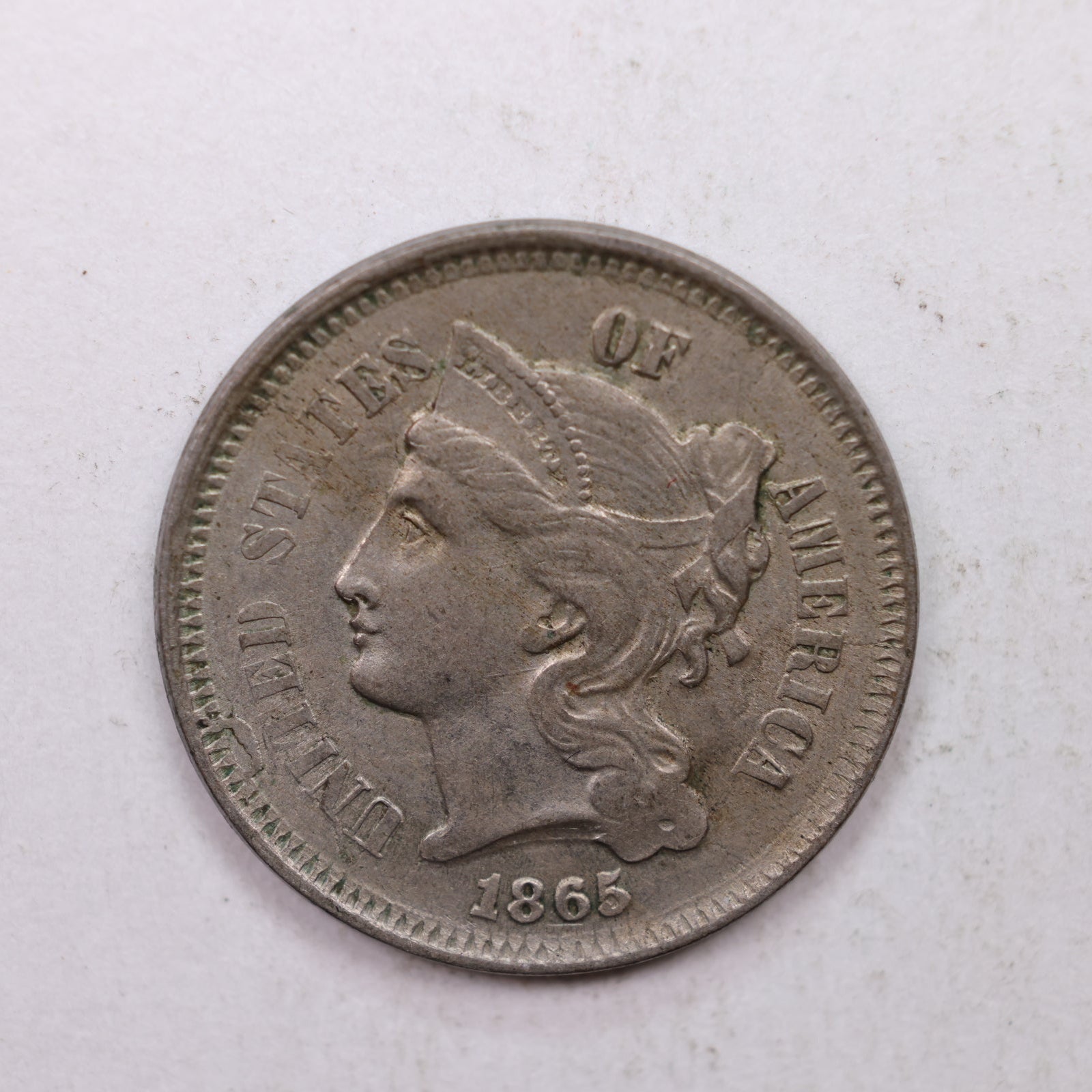 1865 Three Cent Copper Nickel, About Uncirculated Coin, Store #3C013.