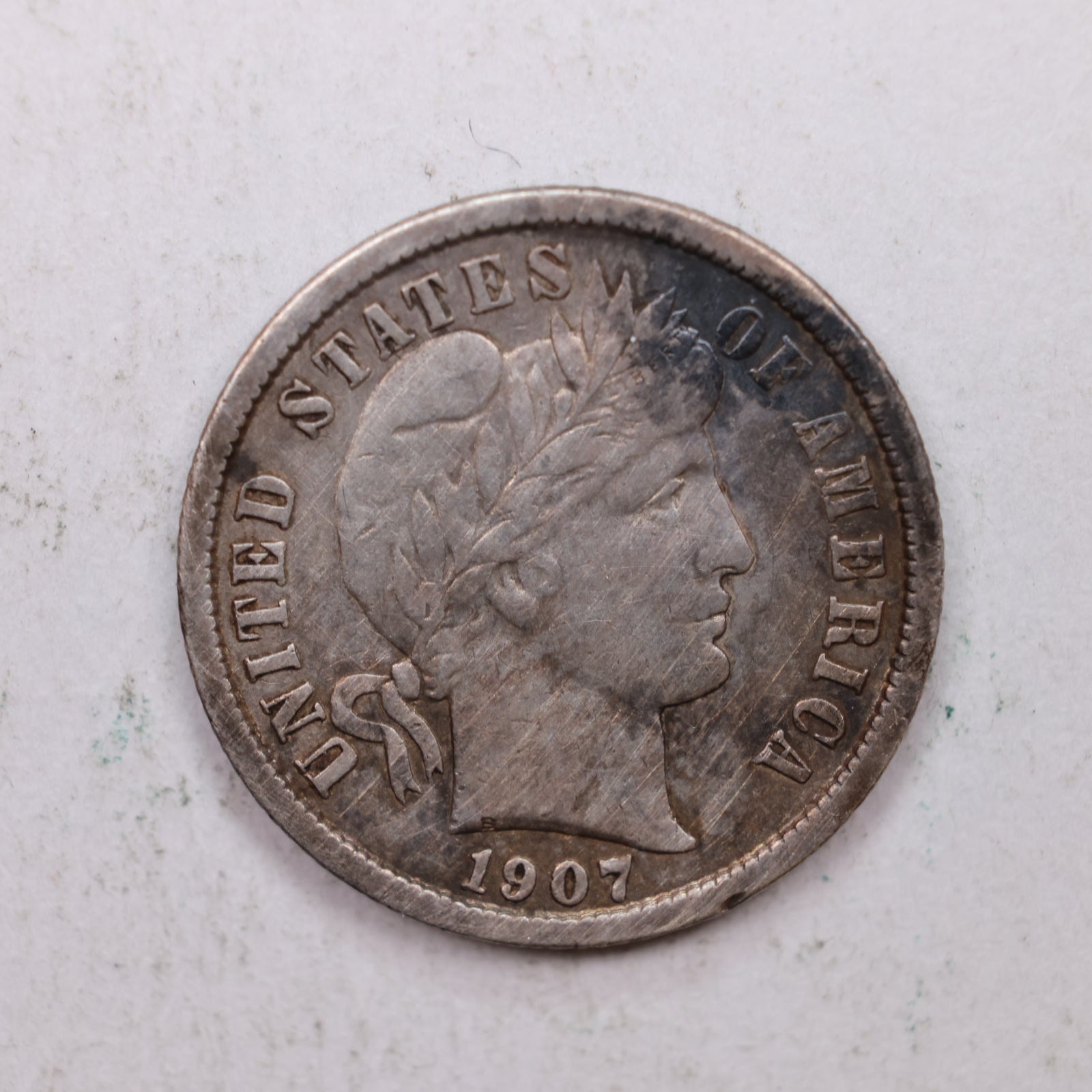 1907 Barber Silver Dime., Fine Plus Circulated Coin, Store Sale #DE0850.