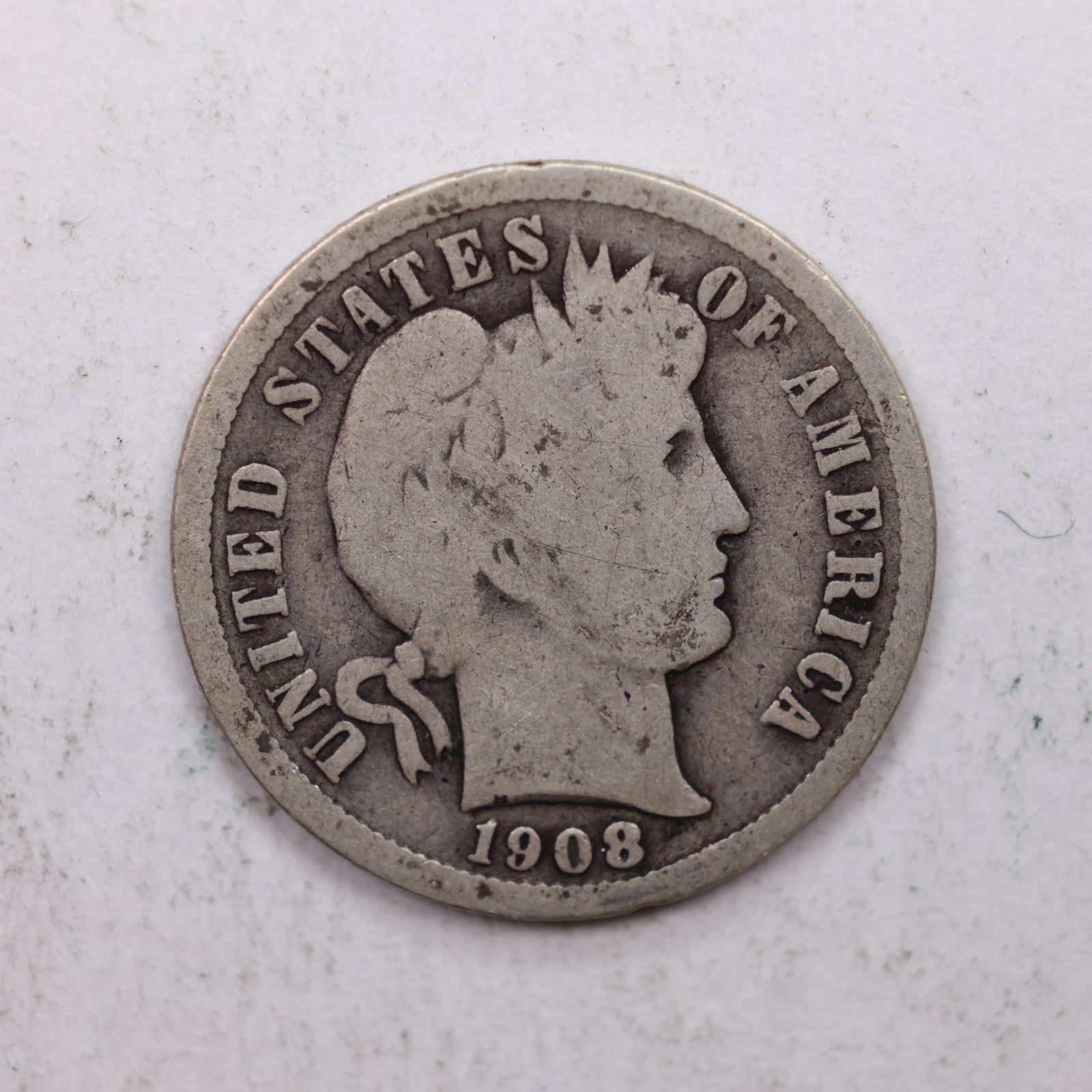 1908 Barber Silver Dime., Good Circulated Coin, Store Sale #DE0852.