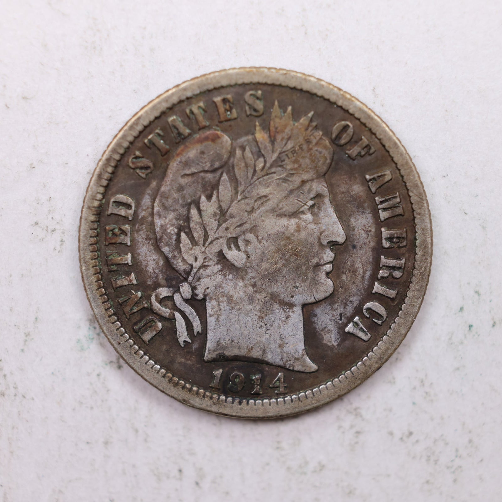 1914 Barber Silver Dime., Fine Plus circulated Coin, Store Sale #DE0876.