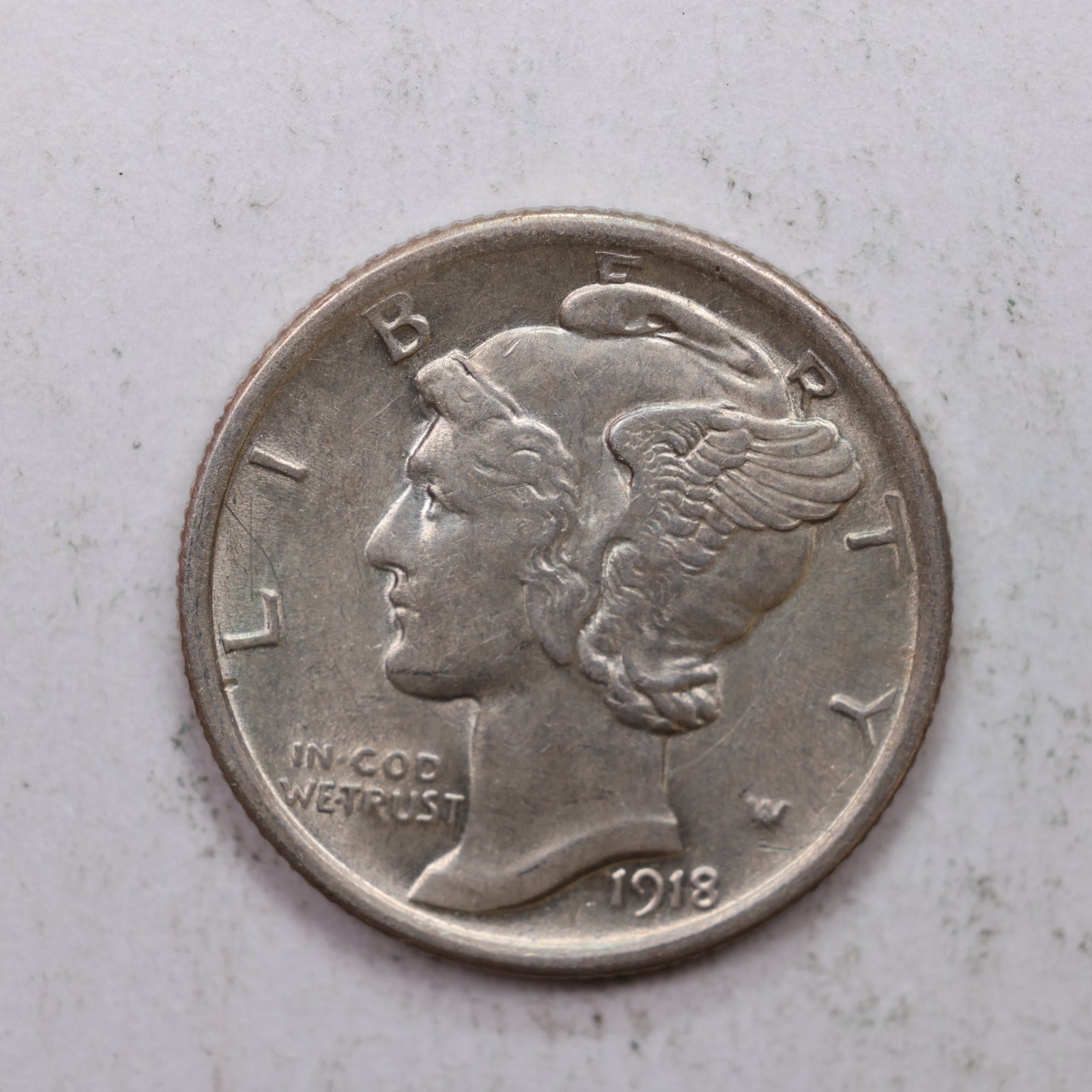 1918 Mercury Silver Dime, About Uncirculated Coin. Store Sale #DE0885.
