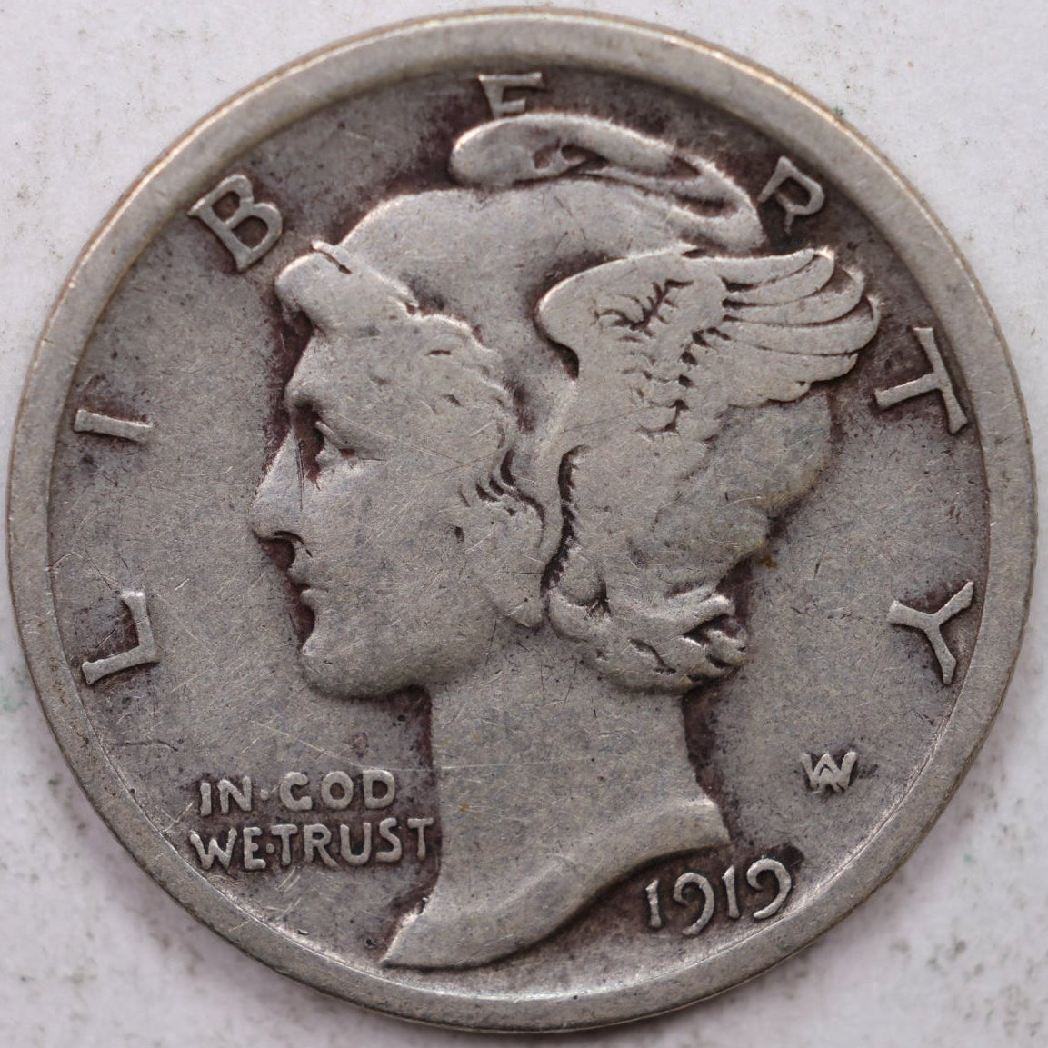 1919 Mercury Dime, Very Good+ Circulated Coin. Store #DE0889