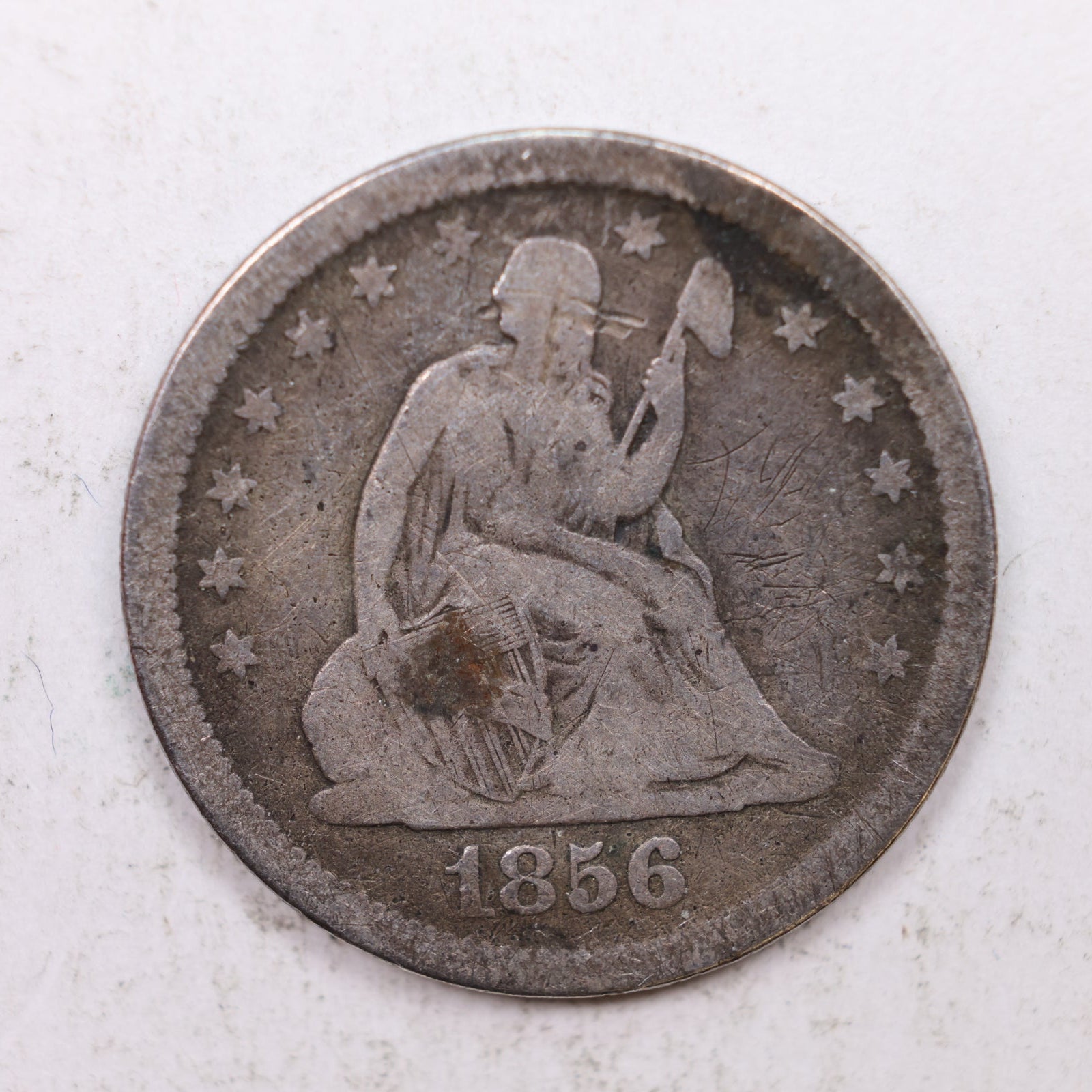 1856 Seated Liberty Quarter, Very Good Circulated Collectible Coin, Store #QR1265.