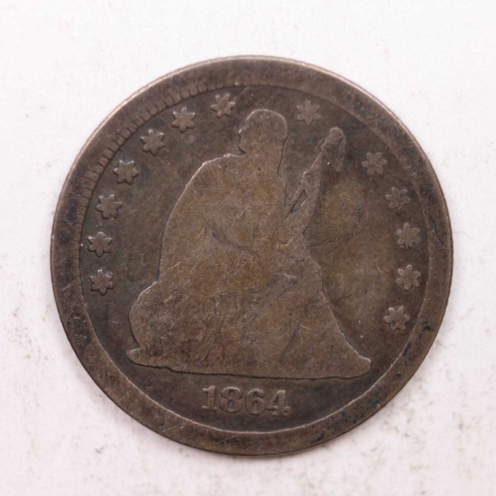 1864 Seated Liberty Quarter, Very Good Circulated Collectible Coin, Store #QR1271.