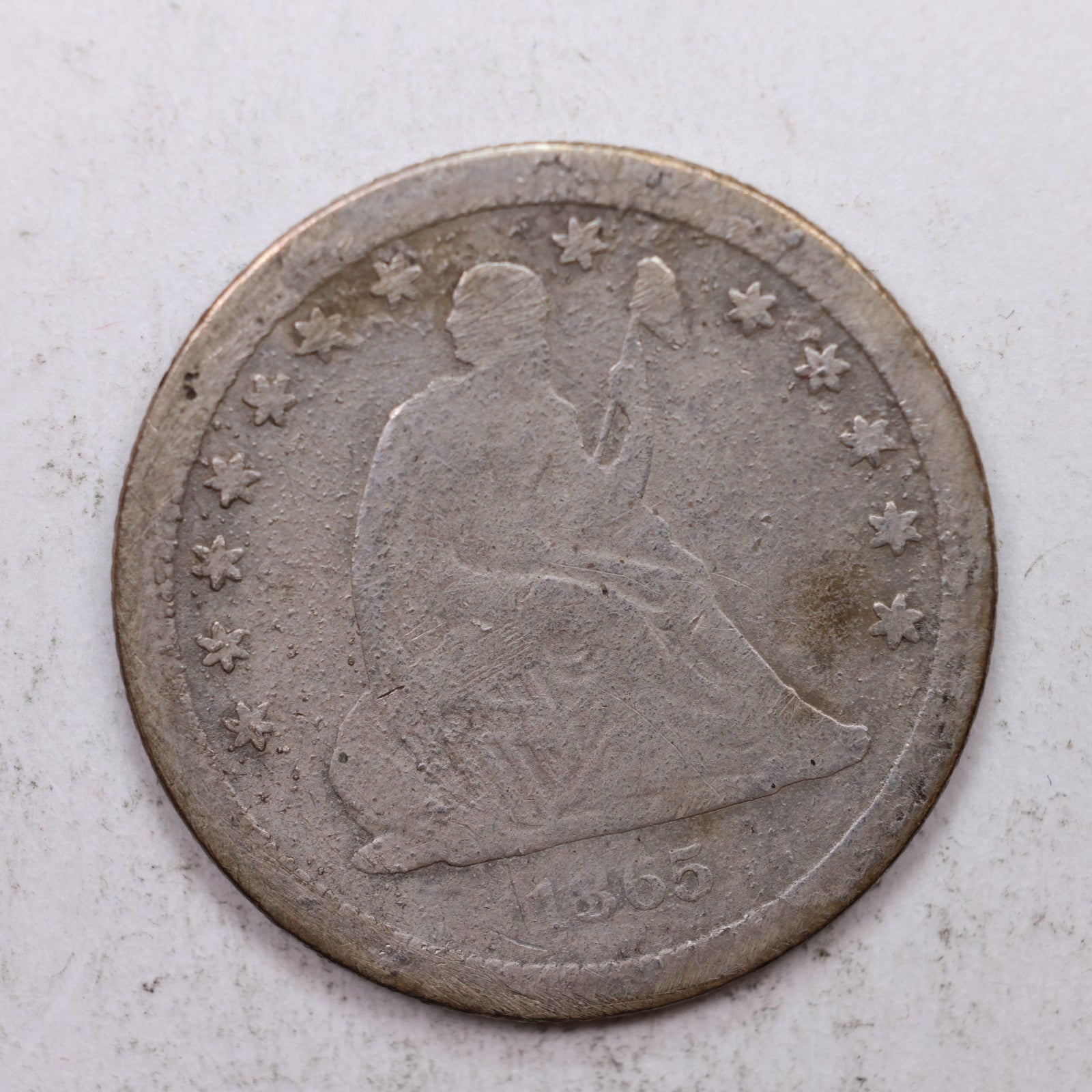 1865-S Seated Liberty Quarter, Very Good Circulated Collectible Coin, Store #QR1272.