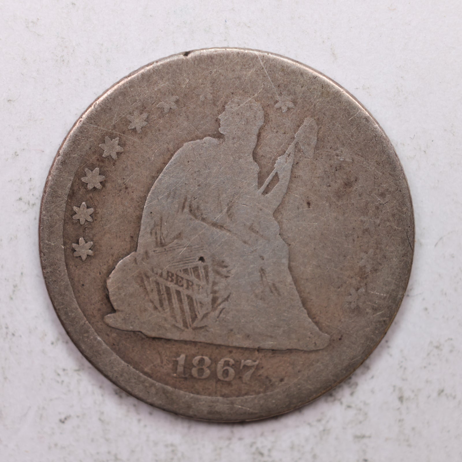 1867-S Seated Liberty Quarter, Very Good Circulated Collectible Coin, Store #QR1274.