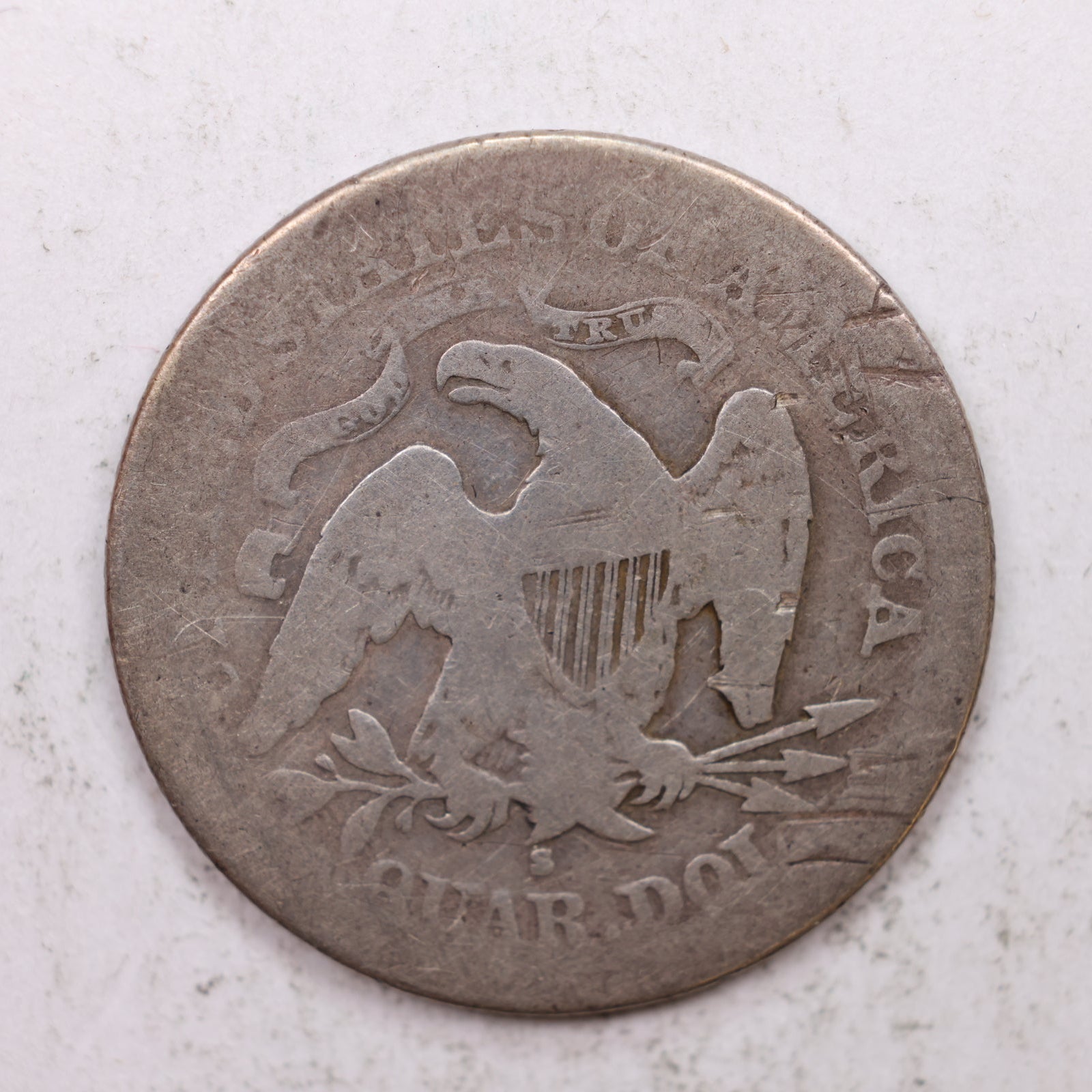 1867-S Seated Liberty Quarter, Very Good Circulated Collectible Coin, Store #QR1274.