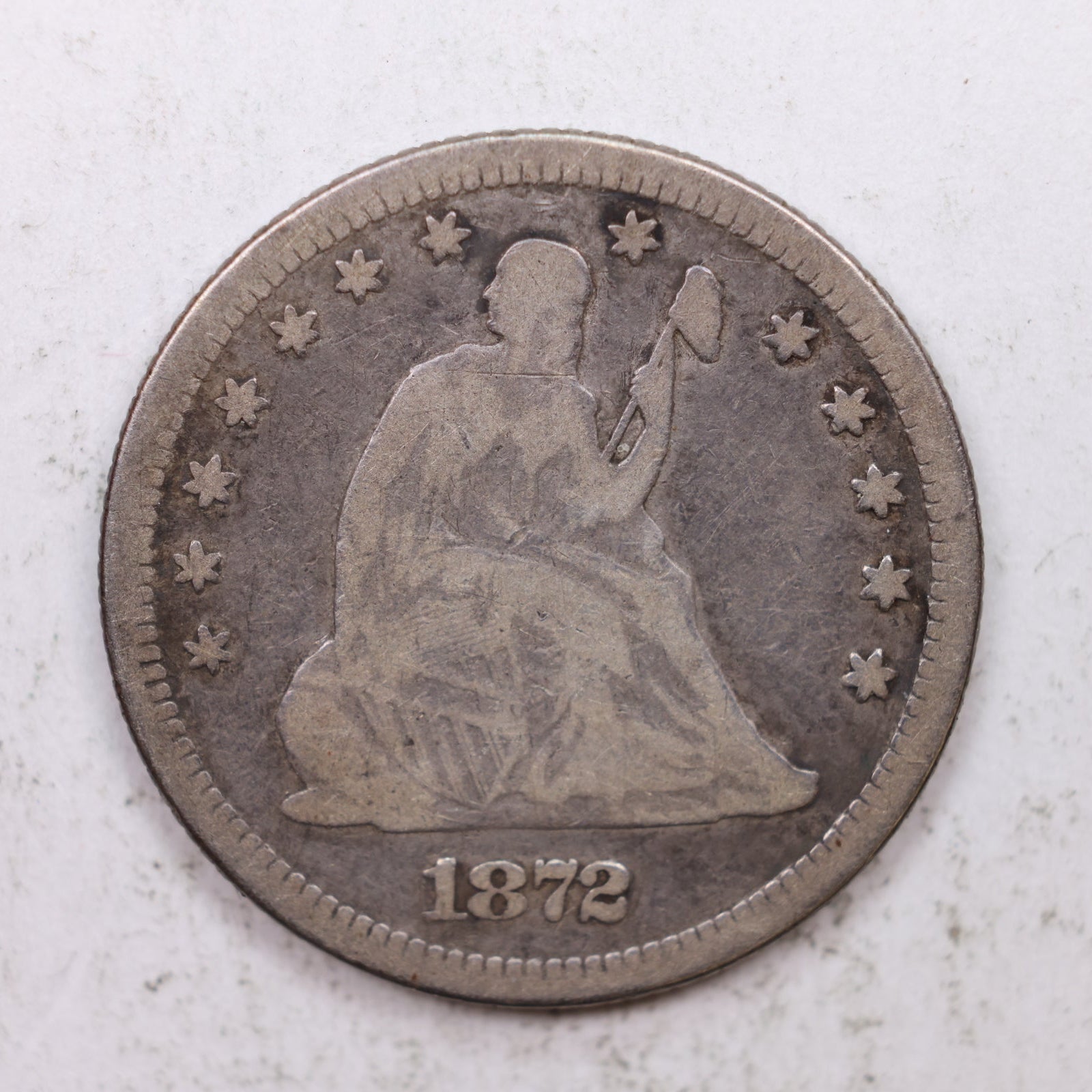 1872 Seated Liberty Quarter, Fine Circulated Collectible Coin, Store #QR1281.